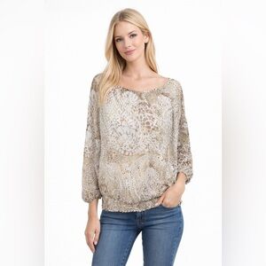 🔥🔥Cathy Daniels Size Large Tan/White Top 3/4 Sleeve With Gold Sequins